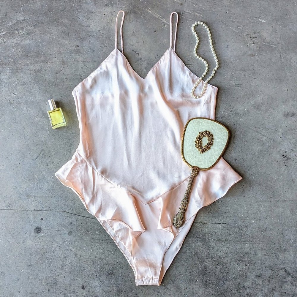Vintage Axiom Pastel Pink Satin Ruffle Lingerie Bodysuit medium